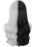 Sotica 26” Long Wavy Curly Wigs 2 Tones Half Black and Half Silver White Wigs with Flat Hair Bangs Natural Looking Heat Resistant Synthetic Full Hair Wigs for Women