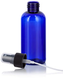 Cobalt Blue 4 oz Boston Round PET Plastic Bottles (BPA Free) with Black Fine Mist Sprayer (12 Pack)