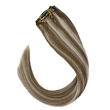 Sunny Clip in Hair Extensions Human Hair 14 Inch Double Weft Clip in Extensions Light Brown Highlights Blonde Hair Extensions Clip in Human Hair 7pcs 120g