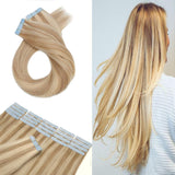 14 Inch 30g Tape in Remy Human Hair Extensions Thin Highlight #18/613 Sandy Beige Mix Bleach Blonde Long Straight Glue in Hairpieces Seamless Skin Weft with Invisible Double Sided Tape 20pc/pack