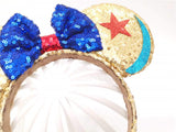 Mouse Ears Bow Headbands Glitter Princess Party Decoration Belle Cinderella Jasmine Mermaid Mouse Ears Headband for Girls (Stars and moon)