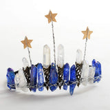 Raw Crystal Quartz Crown Crossed Clear Crystal Headband Tiara Handmade (Blue Raw Crystal with Star)