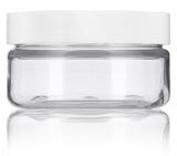 Clear PET Plastic (BPA Free) Refillable Low Profile Jar with White Lid - 2 oz (6 Pack) + Spatulas