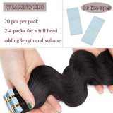 20 PCS Rooted Tape In Hair Extensions Human Hair Invisible Seamless Skin Weft Body Wave Highlight Double Side Tape Remy Human Hair Extensions Balayage Wavy For Women (24'',50g/20pcs,#1 Jet Black)