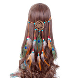 Indian Feather Headdress Peacock Hippie Headband with Dreamcatcher Boho Head wear Carnival Head Pieces Hair Accessories for Party Festival (khaki)