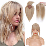 100% Real Human Hair Topper with Bangs Mono Base Crown Topper Hair Piece Clip in on Hair Toppers for Women with Hair Loss Thinning Grey Hair 10 Inch 12P613# Golden Brown&Bleach Blonde