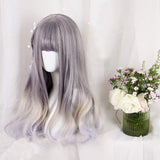 25" Women Girls Japan Harajuku Elegant Sweet Lolita Natural Looking Daily Wear Cute Long gray Blue & Khaki blend wave Curly Gradient Kanekalon Full Wig Cosplay