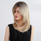 Ombre Blonde Wig with Bangs Synthetic Long Wavy Wigs for Women Brown Roots Blonde Hair