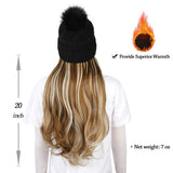 Qlenkay Beanie Hat Knit with Long Wavy Curly Hair Extensions Wig Dismountable Warm Knitted Pom Cap Attached 20inch Synthetic Hairpiece for Women Winter Ash Blonde Mix Bleach Blonde