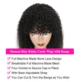 Brazilian Kinky Curly Wig with Bangs 22 Inch Human Hair Wigs 100% Virgin Curly Hair Wigs 150% Density Glueless None Lace Front Wigs for Black Women Natural Color