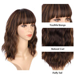 Earfodo Wavy Wig with Bangs Brown Highlight Bob Wigs Short Curly Wavy Wig Should Length Synthetic Heat Resistant Fiber 14 Inch Natural Looking Dating Party Wig