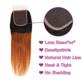 1B/30 Ombre Brazilian Hair Straight Closure Black to Dark Brown Silky Straight Human Hair 4x4 Free Part Lace Closure with Baby Hair (1 Piece Closure 20")