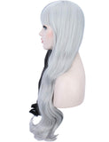 Sotica 26” Long Wavy Curly Wigs 2 Tones Half Black and Half Silver White Wigs with Flat Hair Bangs Natural Looking Heat Resistant Synthetic Full Hair Wigs for Women
