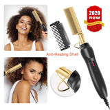 Gold Plated Heated Styling Comb Electric Hot Straightening Heat Pressing Comb Ceramic Curling Flat Iron Curler Designed Hair Straightener Curling Iron for Natural Black Hair,Wigs,Beards (Gold)