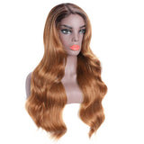 Long Wavy Ombre Strawberry Blonde Wig - Longqibeauty Natural Looking Body Wave Synthetic Wig for Women, Right Side Parting Heat Resistant Cosplay Wig 2 Tone Color Dark Roots with #27 (26 Inches)