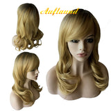 Natural Ombre Blonde Curly Wigs - Auflaund Shoulder Length Long Wavy Blonde Hair Wigs with Darker Root for Women + Wig Cap