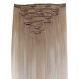 LaaVoo Human Hair Extensions Clip in Platinum Blonde Clip Hair Extensions 14" 7pcs 120g Balayage Color Ash Blonde Fading to Platinum Blonde Double Weft Full Head Clip in Blonde Extensions
