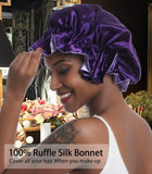 Silk Bonnet for Women Satin Bonnet for Curly Hair Sleep Cap Double Layer Large Silk Hair Bonnet for Black Women Natural Hair (One Size, Purple+Champagne)