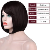 Sofeiyan Short Straight Dark Brown Bob Wigs with Bangs 11 inch Synthetic Daily Party Cosplay Hair Wig for Black Women, Darkest Brown and Dark Auburn Mixed