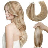 LaaVoo Tape in Hair Extensions Human Hair Highlight Blonde Seamless Soft Tape in Real Hair Extensions Golden Brown Highlight Light Blonde Tape on Blonde Hair Extensions Double Sided 20Pcs 50g 14”