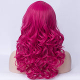 BERON Long Curly Wavy Hot Pink Wig with Bangs Rose Net Women's Halloween Cosplay Party Costume Wig (Hot pink)