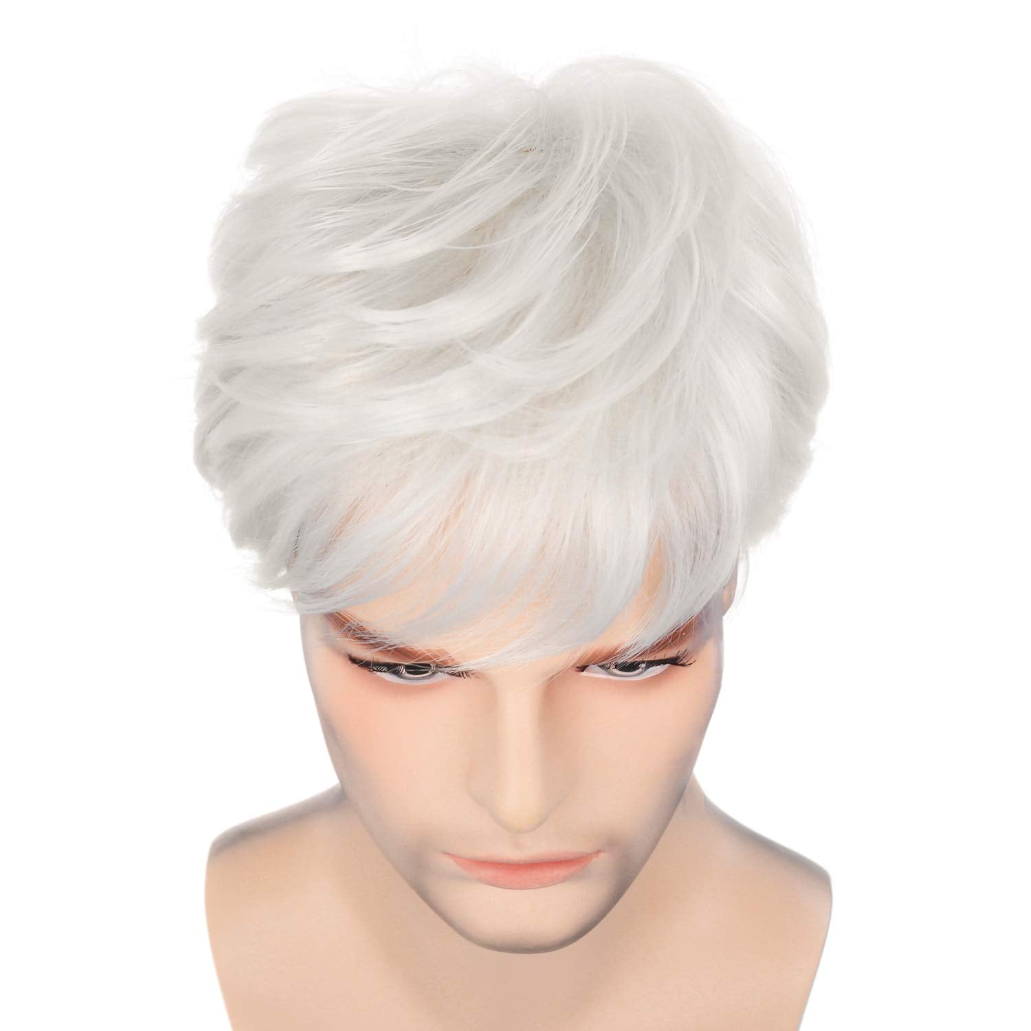Men‘s White Wigs Short Layered Natural Cosplay Costume Synthetic Heat Resistant Replacement Wig with Wig Cap