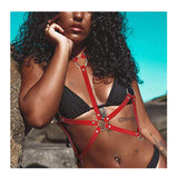 Crysly Punk PU Leather Bra Chest Chain Harness Red Waist Chain Body Chain Ring Belt for Women and Girls