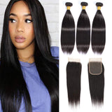 Brazilian Straight Virgin Hair 3 Bundles With Closure Free Part 100% Unprocessed Human Hair Bundles Straight Weave Hair Natural Black(16 18 20+14 Closure Free Part)