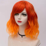 Short Bob Wig with Bangs Cosplay Lolita Wavy Harajuku Synthetic Hair For Women Girls Costume(Ombre Orange)