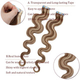 20 PCS Rooted Tape In Hair Extensions Human Hair Invisible Seamless Skin Weft Body Wave Highlight Double Side Tape Hair Extensions Natural Wavy (22'',50g/20pcs,#12P613 Golden Brown&Bleach Blonde)