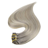 Fshine Clip in Hair Extensions Human Hair Double Weft Thick 100 Gram 18 Inch Natural Real Hair Clip on Individual 10 Pieces Full Head Balayage Clip ins Hair Gray Blonde Fading to Platinum Highlights