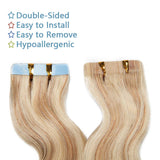 SEGO Wavy Tape in Hair Extensions Human Hair Tape In Real Hair Extensions Body Wave Skin Weft Hair Extensions Invisible Seamless Double Side Tape 40 Pieces Ash Blonde&Bleach Blonde 16inch 100g Wavy