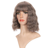 Fashion Gray color Bob Wigs with Bangs 12 13 14 Inch Natural Body Wave Hair Style Shawl Hair Wig Short Curly Wave Hair Wigs for Fashion Women and Girls Good for Daily Use Cosplay Party