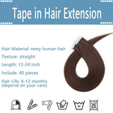 SEGO Tape In Hair Extensions Human Hair Glue In Real Extensions Skin Weft Remy Human Hair Extensions Straight Invisible Seamless Double Side Tape 40 Pieces Dark Brown 16inch (100gram)