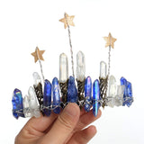 Raw Crystal Quartz Crown Crossed Clear Crystal Headband Tiara Handmade (Blue Raw Crystal with Star)