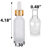 1 oz / 30 ml Frosted Clear Glass Boston Round Bottle with Gold Metal and Glass Dropper (4 pack) + Funnel
