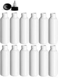 2 Ounce Cosmo Round Bottles, PET Plastic Empty Refillable BPA-Free, with Black/Natural Twist Top Caps (Pack of 12) (White)
