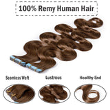 18 Inch Tape in Hair Extensions Body Wavy Human Hair 100g Thin Long Hair 40pcs/pack Seamless Skin Weft Glue in Wavy Hairpieces with Invisible Double Sided Tapes #6 Light Brown