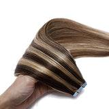 18 Inch Tape in Hair Extensions Remy Human Hair 30g Thin Highlight #4/27 Meidum Brown Mix Dark Blonde Long Straight Seamless Skin Weft Glue in Balayage Human Hairpieces 20pc/pack +10 Free Tape Bonds
