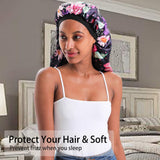 Extra Large Silk Bonnet for Women Double-Layer Satin Sleep Cap for Curly Natural Frizzy Hair (Long, A-Purple-Flower)