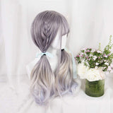 25" Women Girls Japan Harajuku Elegant Sweet Lolita Natural Looking Daily Wear Cute Long gray Blue & Khaki blend wave Curly Gradient Kanekalon Full Wig Cosplay