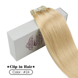 Moresoo Hair Extensions Clip in Human Hair 20 Inch Clip in Blonde Hair Extensions Color #24 Light Blonde Double Weft Hair Extensions Clip in 7PCS 100G Natural Hair Extensions