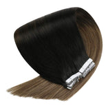 Sunny Tape in Human Hair 18 inch Balayage Tape in Hair Extensions Tape in Real Remy Human Hair Off Black Ombre to Dark Brown and Strawberry Blonde 50 Grams 20Pcs