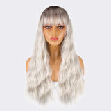 Ombre Silver Long Wavy Wigs with Bangs, 23 inch Synthetic Heat Resistant Dark Roots Curly Gray Cosplay Wigs for Women