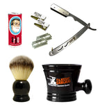 Classic Samurai Men's Shaving Set with Stainless Steel Professional Barber Straight Razor Shavette, 10 Astra Blades, Synthetic Shaving Brush, Arko Soap & Porcelain Mug (Silver Metal Gift Set)