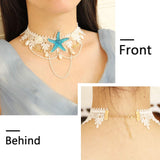 Mermaid starfish headband Bohemian wedding corolla summer beach style elastic lace pearl flower shell necklace accessories (starfish Pearl crystal headpiece+ white lace choker)