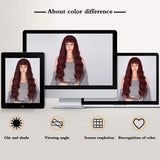 AISI QUEENS Long Wavy Wine Red Hair Wig With Bangs for Women Girls Cosplay Fluffy Wavy Natural Looking Heat Resistant Synthetic Hair Wig for Daily Use 24 inch