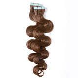 18 Inch Tape in Hair Extensions Body Wavy Human Hair 100g Thin Long Hair 40pcs/pack Seamless Skin Weft Glue in Wavy Hairpieces with Invisible Double Sided Tapes #6 Light Brown