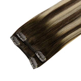 Balayage Hair Extensions Clip in Human Hair LaaVoo Brown Extensions Clip in Real Hair Color Dark Brown Fading to Caramel Blonde Mixed Brown Clip in Remy Hair Extensions 18Inch 7pcs/120g