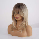 Ombre Blonde Wig with Bangs Synthetic Long Wavy Wigs for Women Brown Roots Blonde Hair